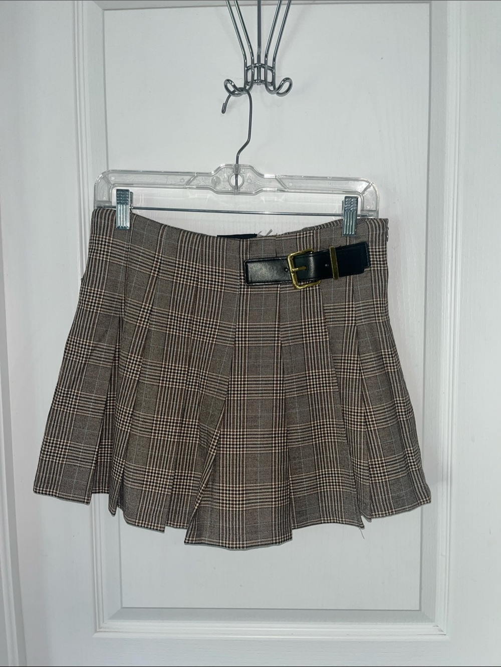 Plaid Pleated Mini Skort with Buckle Waist - Brown